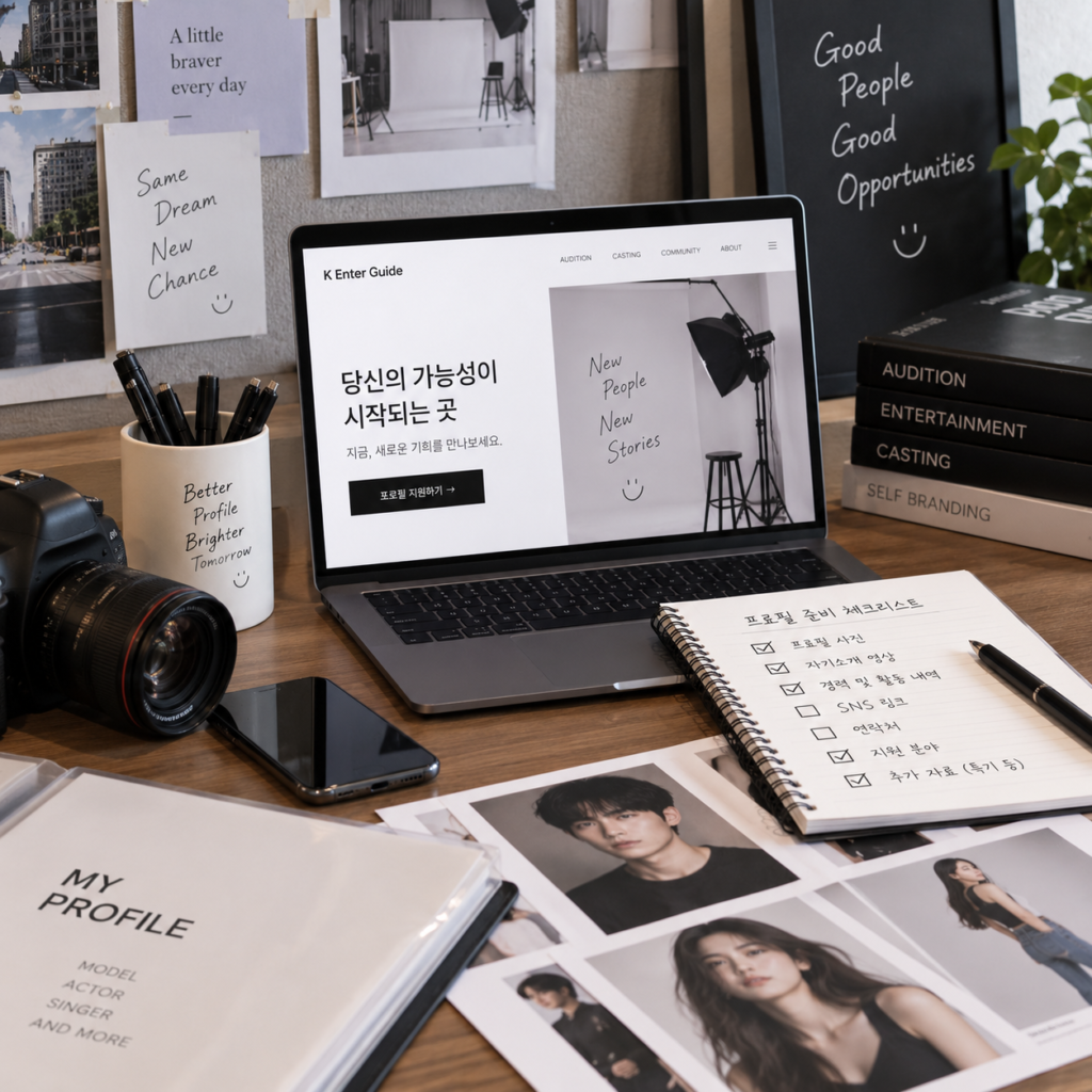 K Enter Guide 프로필 지원 준비 체크리스트와 오디션 자료가 놓인 작업 공간