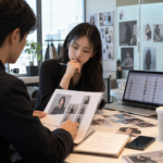 광고모델 배우 가수 지원자의 프로필을 검토하는 K Enter Guide 내부 업무 장면