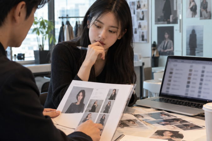 광고모델 배우 가수 지원자의 프로필을 검토하는 K Enter Guide 내부 업무 장면