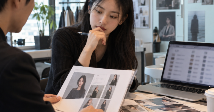 광고모델 배우 가수 지원자의 프로필을 검토하는 K Enter Guide 내부 업무 장면