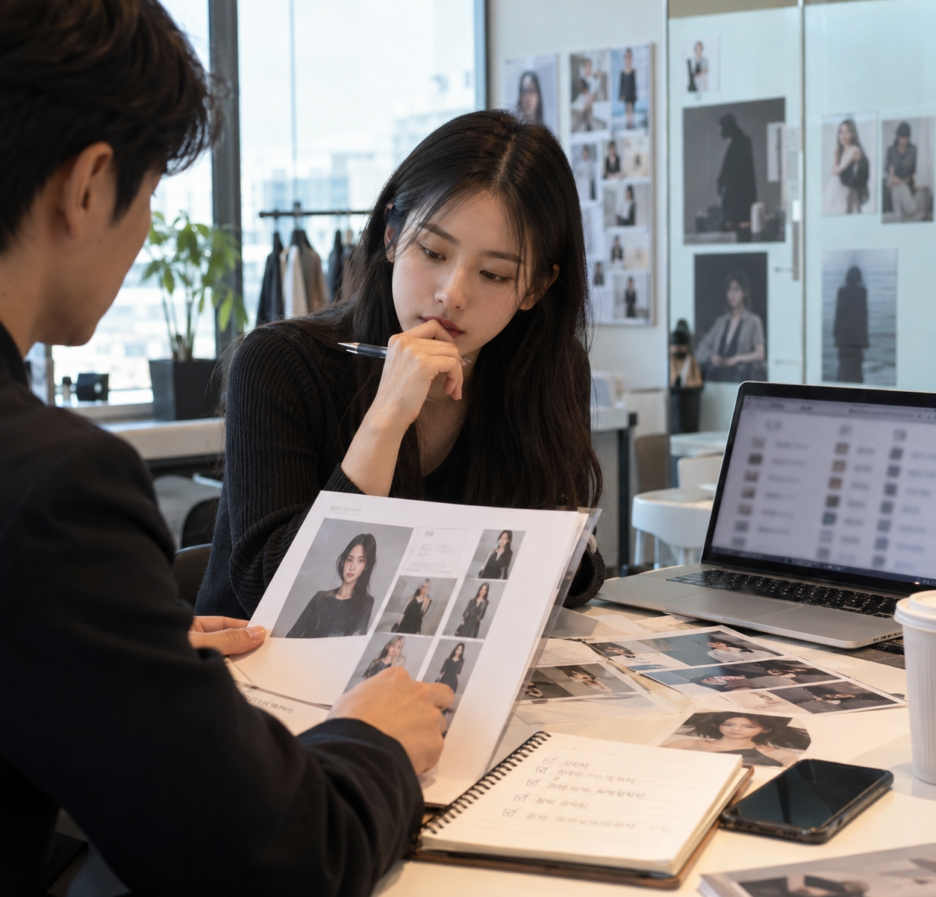 광고모델 배우 가수 지원자의 프로필을 검토하는 K Enter Guide 내부 업무 장면