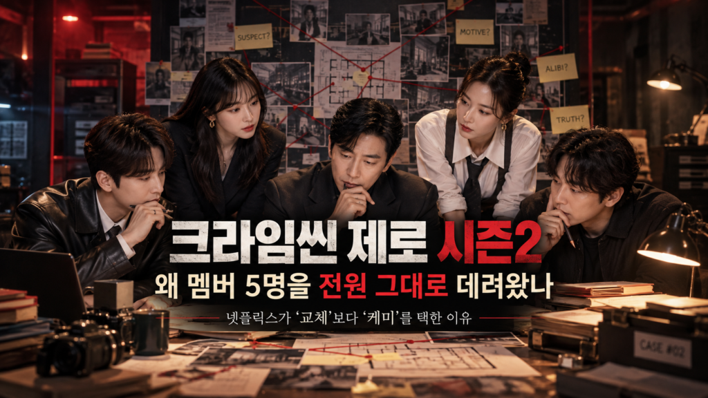 크라임씬 제로 시즌2 기존 멤버 5명 전원 복귀와 넷플릭스 시즌제 예능 전략을 분석한 메인 이미지