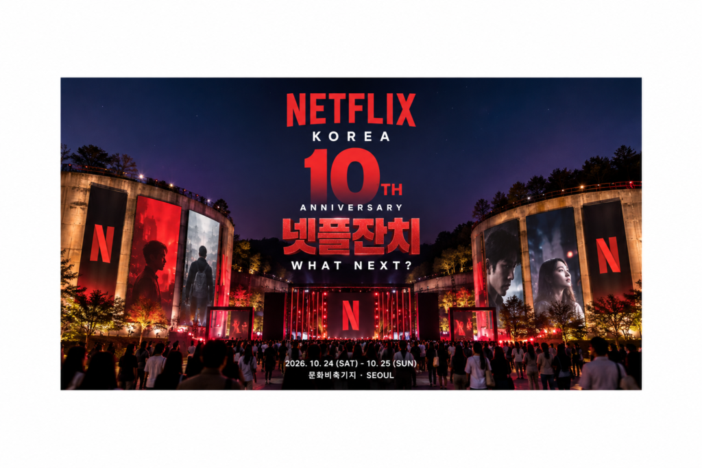 넷플릭스 코리아 10주년 넷플잔치 2026 행사와 What Next 신작 라인업을 표현한 메인 이미지