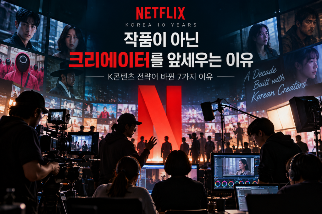 넷플릭스 한국 10년 동안 한국 창작자와 제작진 중심으로 변화한 K콘텐츠 전략을 표현한 메인 이미지