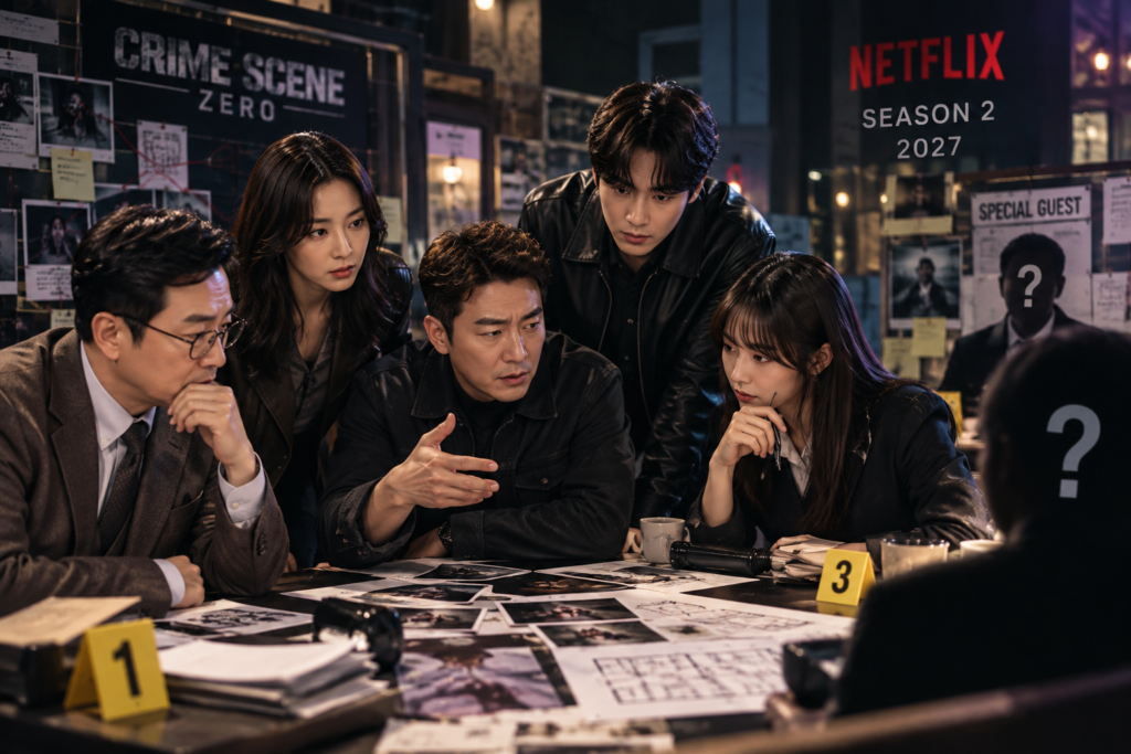 크라임씬 제로 시즌2 기존 멤버 5명과 특별 게스트가 사건을 추리하는 시즌제 예능 구조를 표현한 이미지