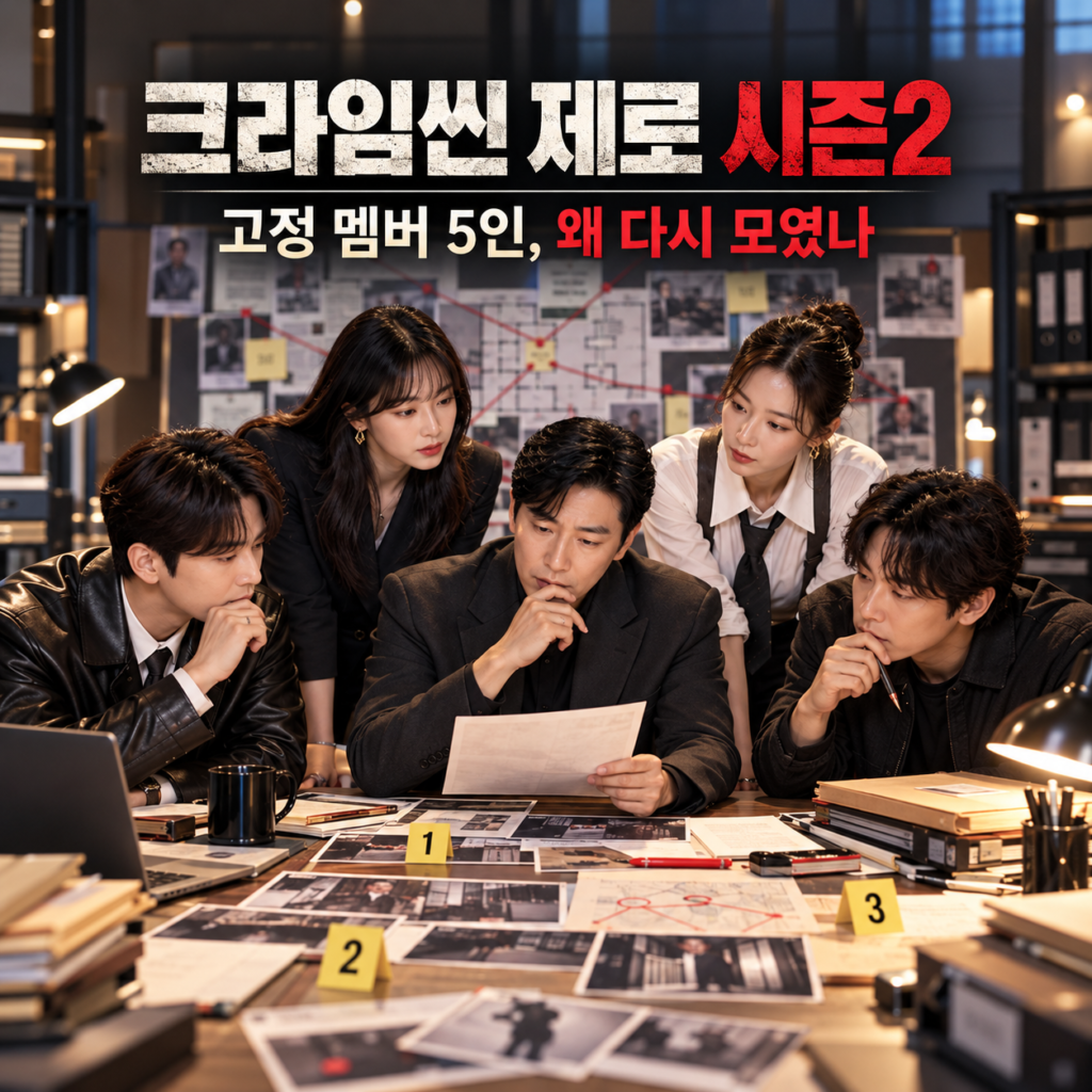 크라임씬 제로 시즌2 고정 멤버 5명이 증거를 검토하며 사건을 추리하는 장면