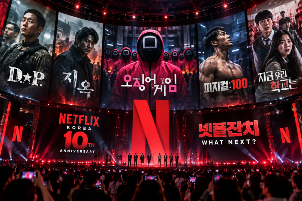 넷플릭스 코리아 10주년 넷플잔치 무대에서 오징어 게임·D.P.·지옥·피지컬 100 등 주요 한국 콘텐츠와 What Next 라인업을 보여주는 이미지