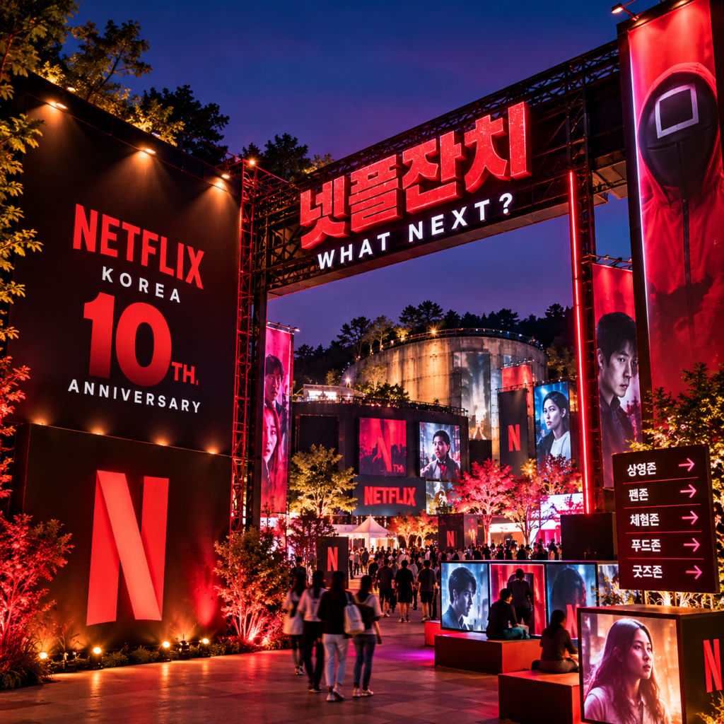 넷플릭스 코리아 10주년 넷플잔치 행사장 입구와 What Next 신작 라인업, 체험존과 관람객이 함께 보이는 야간 행사 이미지